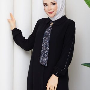 Fular Detaylı Siyah Rabia Kumaş Tesettür Ferace
