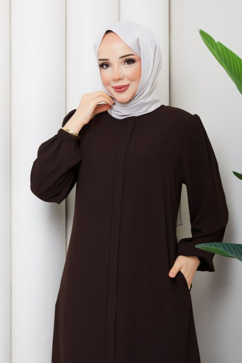 Kahve Fırfır Detaylı Rabia Kumaş Tesettür Elbise - Görsel 3