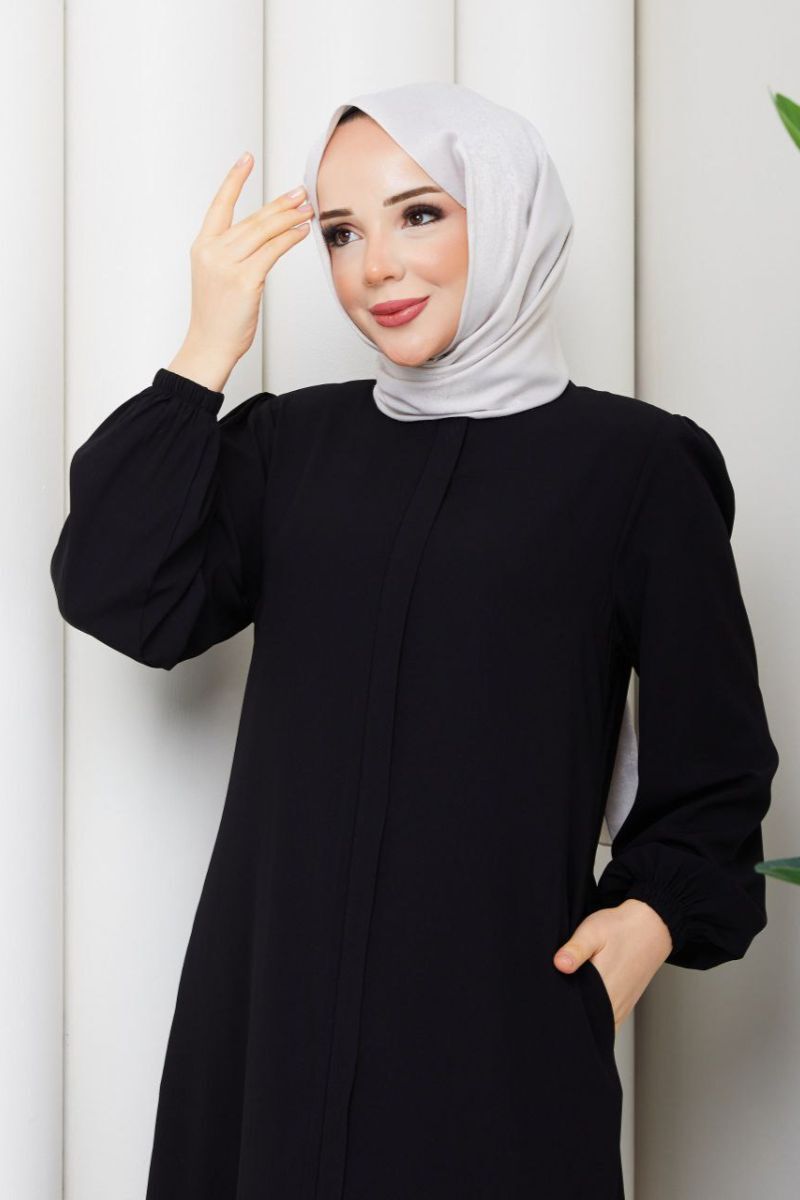 Siyah Fırfır Detaylı Rabia Kumaş Tesettür Elbise - Görsel 4