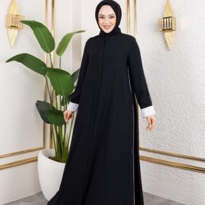 Siyah Beyaz Kol Detaylı Tesettür Abaya – Modern ve Şık Model