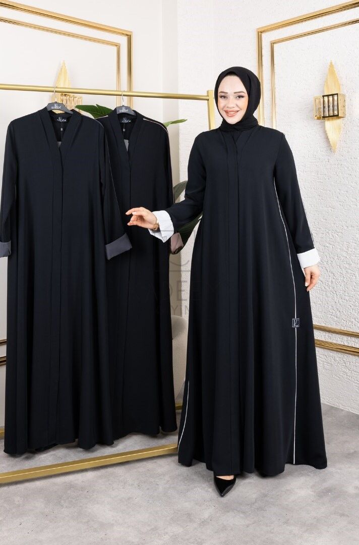 Siyah Beyaz Kol Detaylı Tesettür Abaya – Modern ve Şık Model - Görsel 4